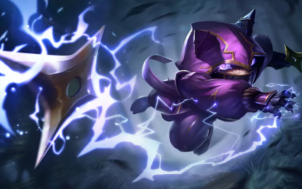Kennen from League of Legends charges through a storm of lightning, showcasing dynamic action in this HD desktop wallpaper background inspired by the video game.