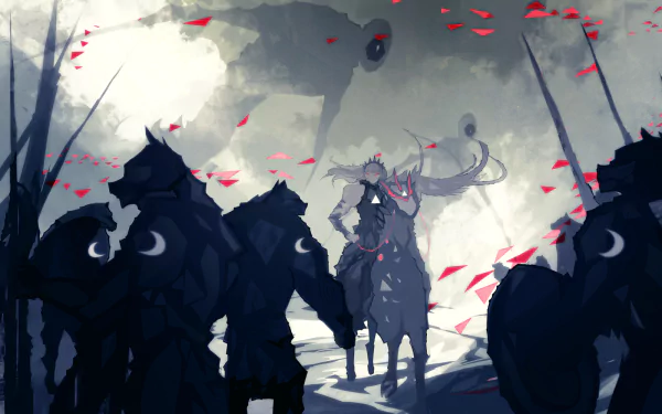 An anime-inspired warrior with long hair and a beastly headdress stands on horseback, surrounded by shadowy figures and petals, set against a dramatic backdrop.
