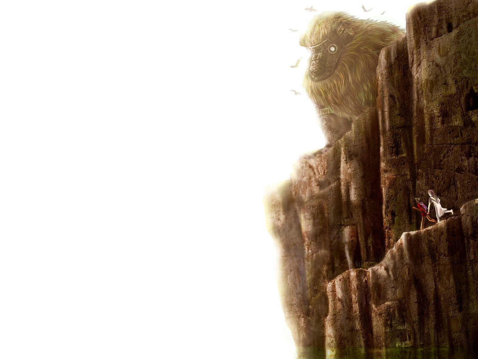 HD desktop wallpaper showing a dramatic scene from the video game Shadow of the Colossus featuring a monstrous creature on a cliff, with a lone figure preparing to face the beast.