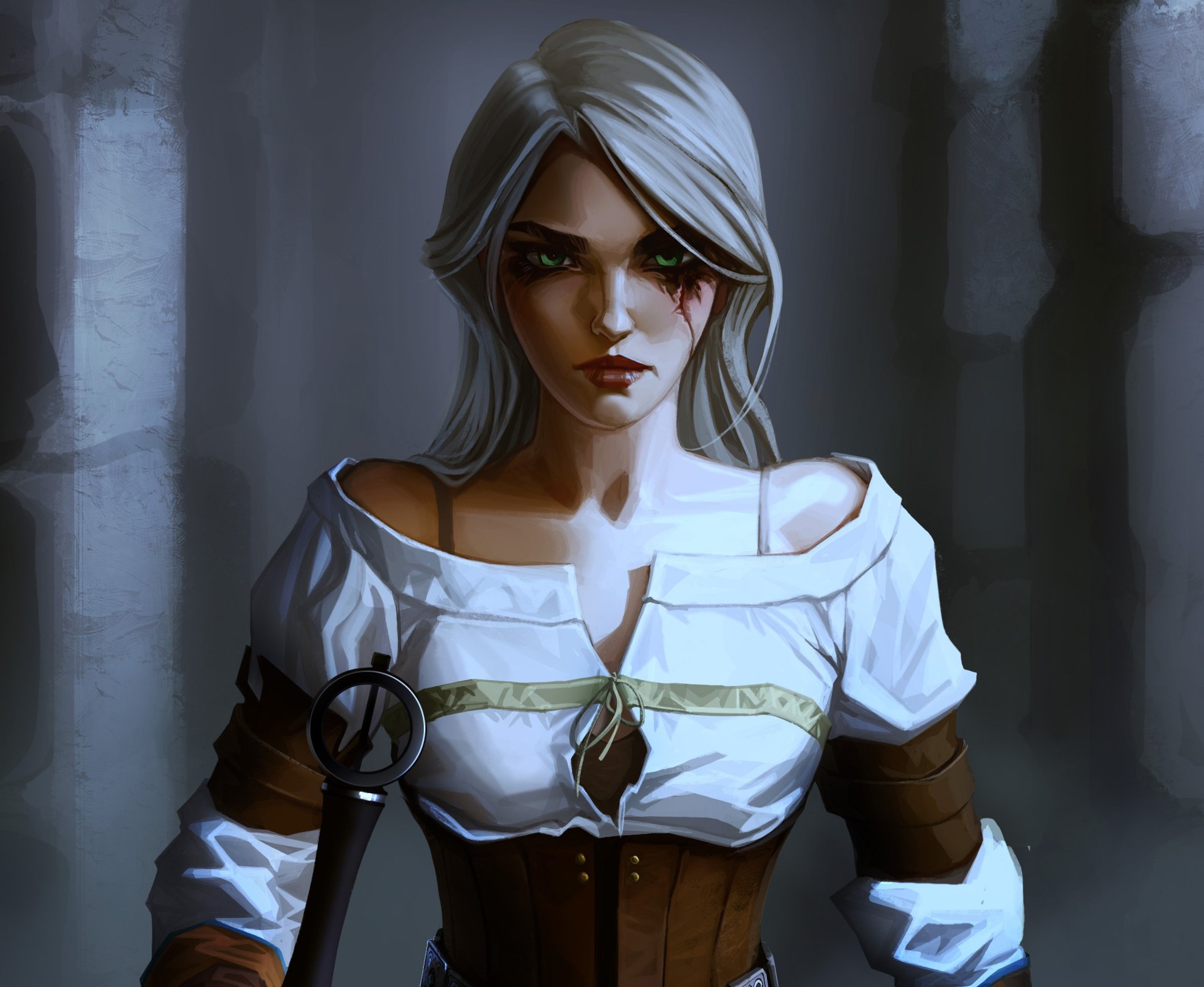 Ciri from The Witcher 3: Wild Hunt is depicted with striking green eyes and white hair. This HD wallpaper captures her fierce character beautifully.