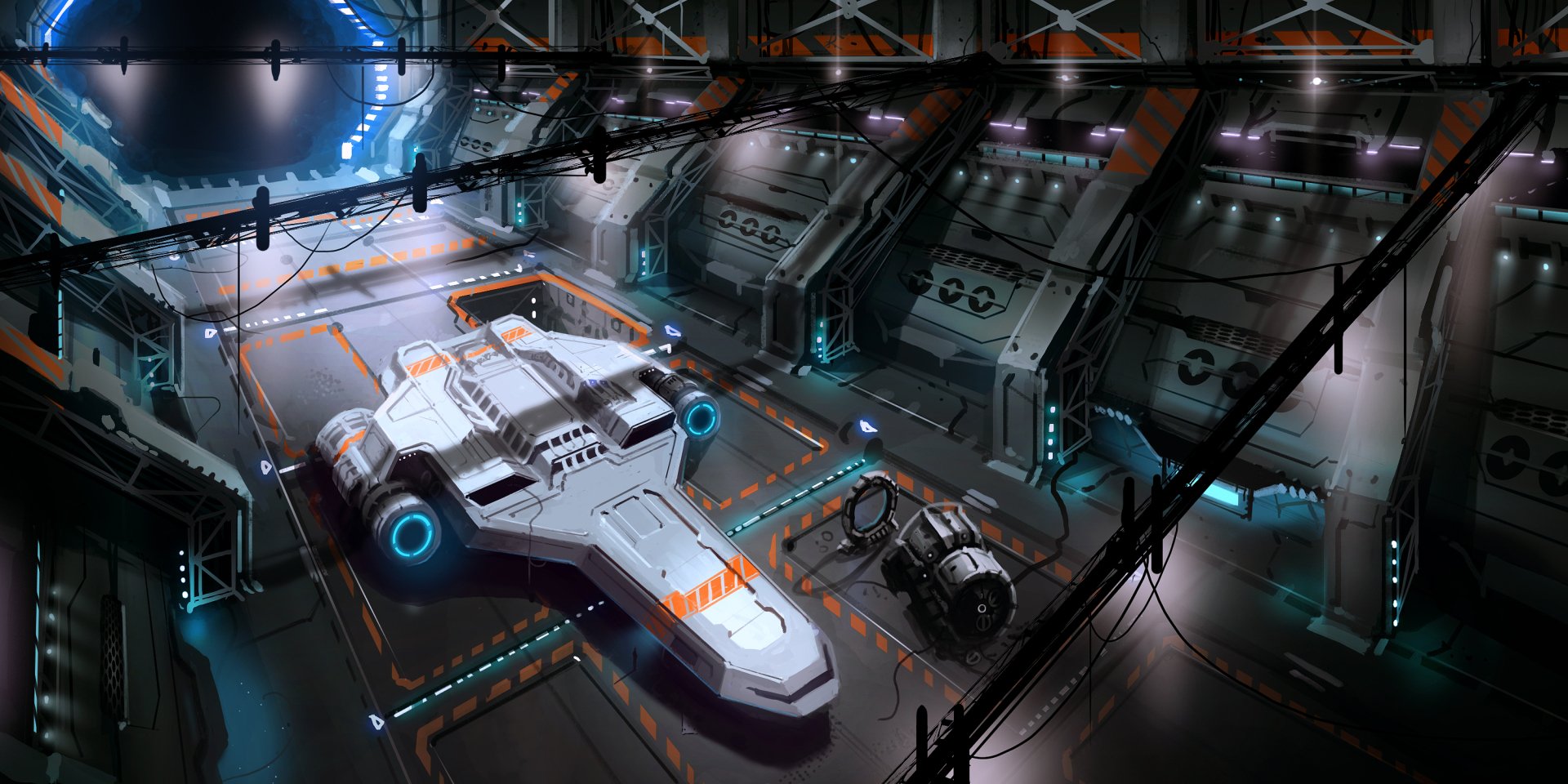 HD sci-fi PC desktop wallpaper showcasing a detailed spaceship docked inside a futuristic hangar with vibrant lighting and industrial elements.