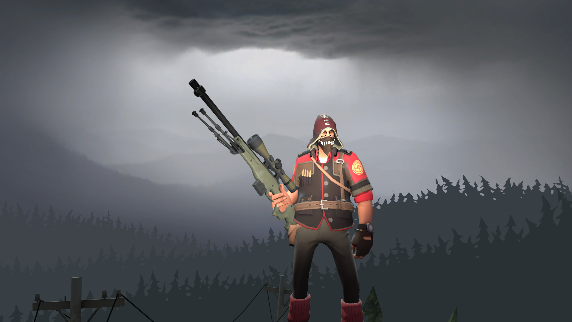 HD PC desktop wallpaper of the Sniper from Team Fortress 2 video game: red-clad marksman holding a long rifle before misty pine-covered hills and a stormy sky.