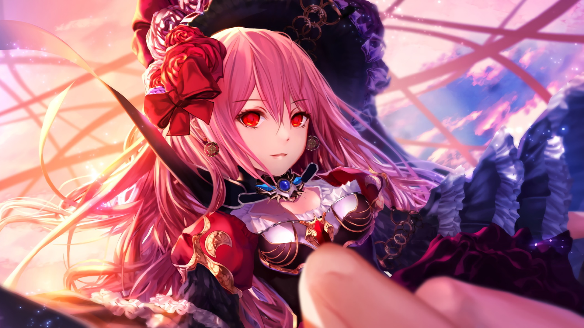 HD desktop wallpaper featuring an anime girl with long pink hair and red eyes, adorned in elegant attire with red and black tones, against a colorful, ethereal background.