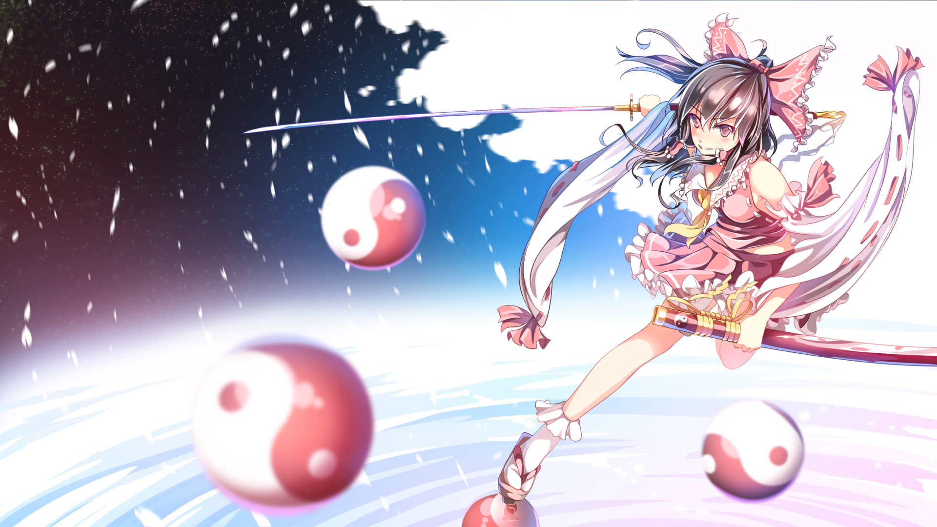 HD anime desktop wallpaper featuring Reimu Hakurei from Touhou, depicted in dynamic action with vibrant colors and mystical yin-yang orbs surrounding her.