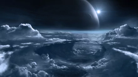 HD Sci-Fi desktop wallpaper featuring a dramatic space scene with clouds and a distant planet.