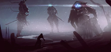 A misty HD fantasy scene featuring a giant samurai warrior towering over silhouetted figures in a mysterious, battle-ready stance.