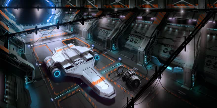 HD sci-fi PC desktop wallpaper showcasing a detailed spaceship docked inside a futuristic hangar with vibrant lighting and industrial elements.