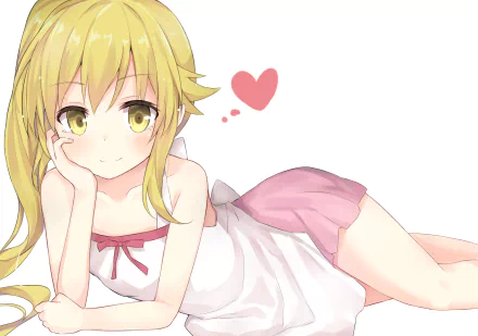 A colorful HD wallpaper featuring Shinobu Oshino from Bakemonogatari, showcasing her blonde hair, yellow eyes, and a playful smile, with a heart floating above her.