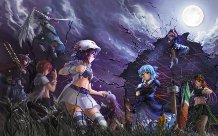 A vibrant HD wallpaper featuring characters from Touhou and Yumekui Merry, including Advent Cirno, Reisen, and Hong Meiling, set against a dramatic night sky and mystical landscape.