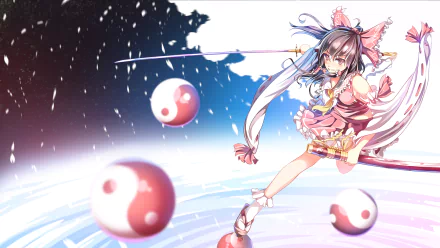 HD anime desktop wallpaper featuring Reimu Hakurei from Touhou, depicted in dynamic action with vibrant colors and mystical yin-yang orbs surrounding her.