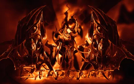 HD desktop wallpaper for the video game Starcraft, featuring intense, fiery artwork of sinister, armored creatures and the Starcraft title text in an ominous, glowing font.