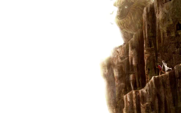 HD desktop wallpaper showing a dramatic scene from the video game Shadow of the Colossus featuring a monstrous creature on a cliff, with a lone figure preparing to face the beast.
