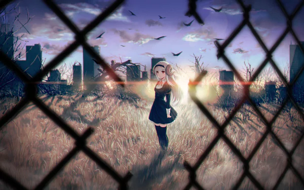 A striking HD anime wallpaper featuring a girl standing in a desolate landscape, framed by a chain-link fence, with a dramatic sunset and silhouettes of a city skyline in the background.