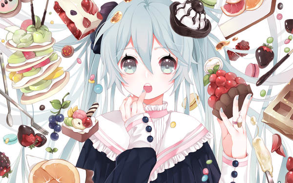 Anime Vocaloid Hatsune Miku Sweets Food Waffle Dress Long Hair Blue Eyes Blue Hair Twintails Pastry Fruit HD Wallpaper | Background Image