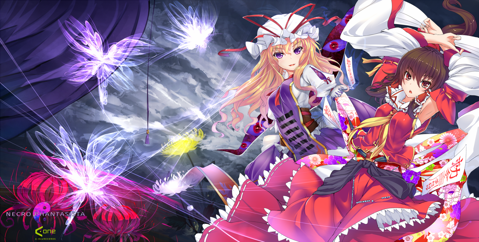 HD PC desktop wallpaper of Touhou anime characters Yukari Yakumo and Reimu Hakurei amid swirling purple spectral flowers and a stormy sky, vivid colors and dynamic composition.