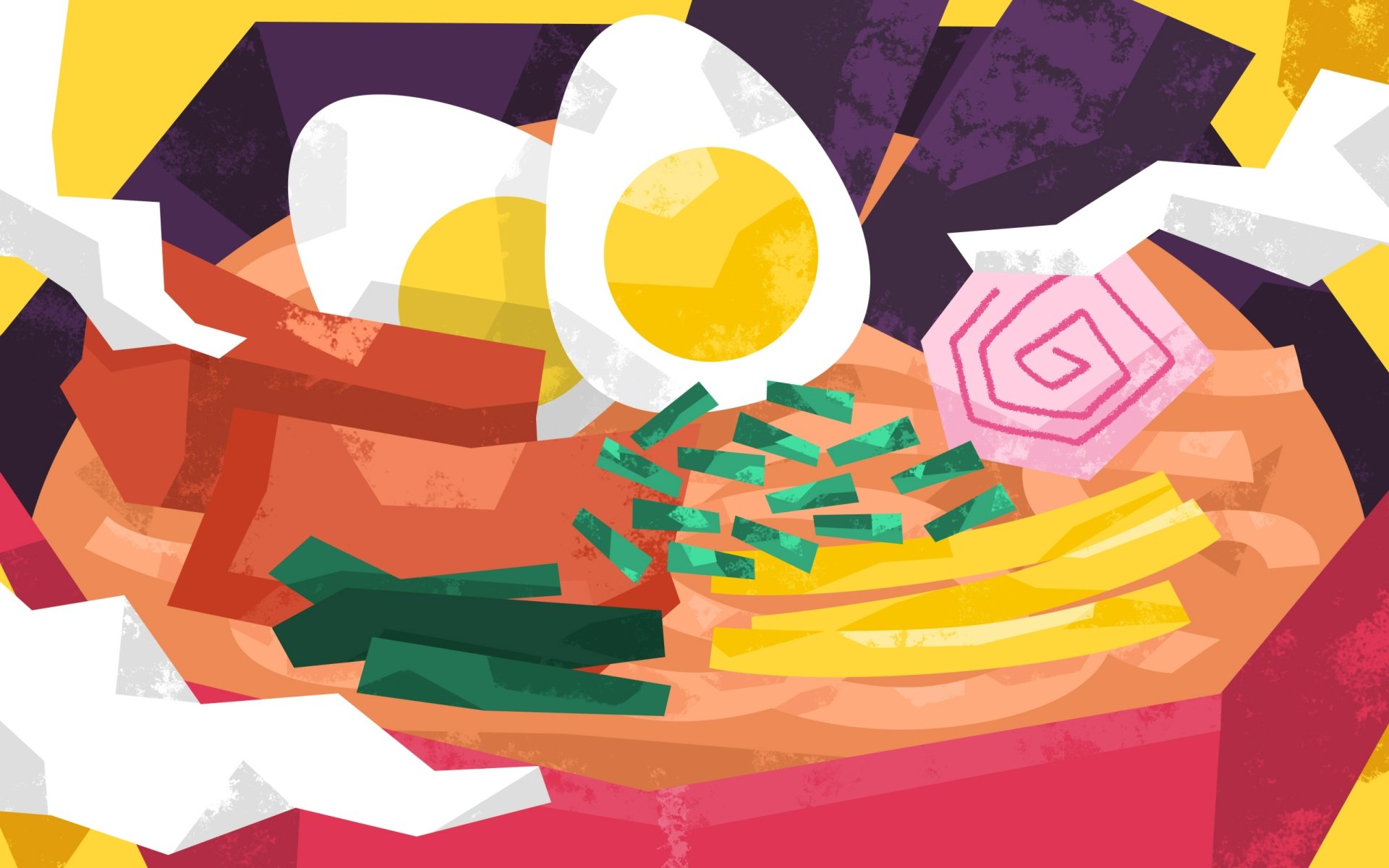 A vibrant 4K Ultra HD digital wallpaper featuring a stylized bowl of ramen with eggs, seaweed, and narutomaki in bold, abstract colors and shapes.