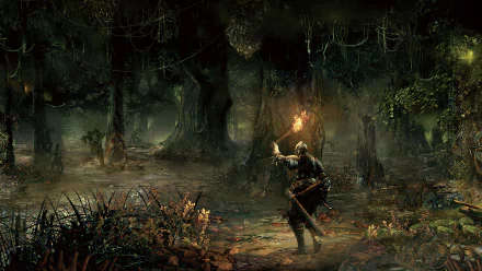 A character from Dark Souls III explores a dark, overgrown forest, holding a torch that illuminates the eerie surroundings in this 4K Ultra HD PC wallpaper.