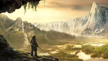 A stunning 4K Ultra HD wallpaper from Far Cry Primal, depicting a lone figure with a spear, gazing over a vast, pristine landscape filled with mountains and waterways.