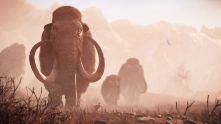 A stunning HD wallpaper featuring mammoths from the video game Far Cry Primal, showcasing their majestic presence against a rugged, mountainous backdrop.