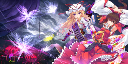 HD PC desktop wallpaper of Touhou anime characters Yukari Yakumo and Reimu Hakurei amid swirling purple spectral flowers and a stormy sky, vivid colors and dynamic composition.