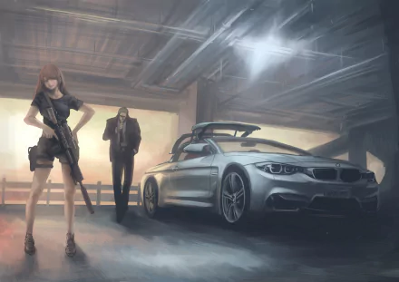 A dynamic anime scene featuring a woman with a rifle and a man beside a sleek silver car, set in a moody, industrial environment. This HD wallpaper captures action and style.