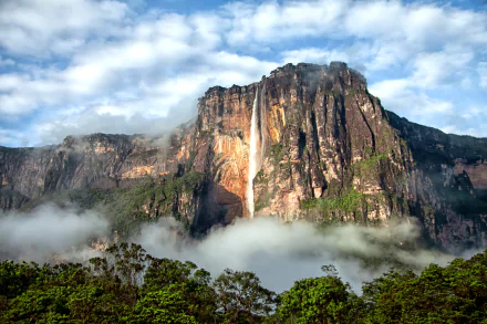 Stunning view of Angel Falls in Venezuela, featuring a dramatic cliff and cascading waterfall surrounded by lush greenery and misty clouds. A breathtaking display of nature's beauty.