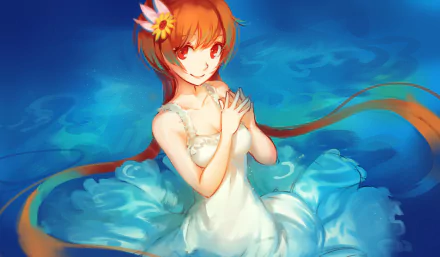 A vibrant HD wallpaper featuring Marika Tachibana from the anime Nisekoi, showcasing her in a flowing white dress against a blue background.
