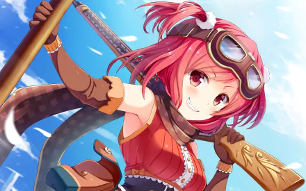 A vibrant anime character with pink hair and goggles poses confidently against a bright blue sky, showcasing a dynamic style in this HD desktop wallpaper.