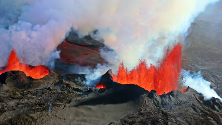 A 4K Ultra HD image of Bárðarbunga volcano in Iceland erupting, with vibrant red lava flowing and thick smoke rising into the sky, showcasing raw volcanic nature.
