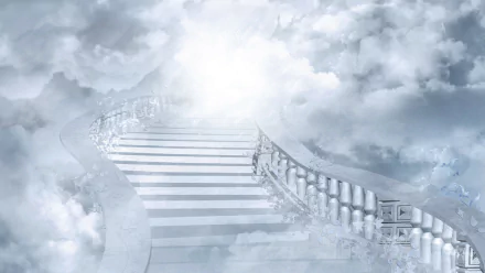 A serene pathway ascends through soft clouds, leading to a bright, luminous center, capturing a heavenly atmosphere in this HD desktop wallpaper.