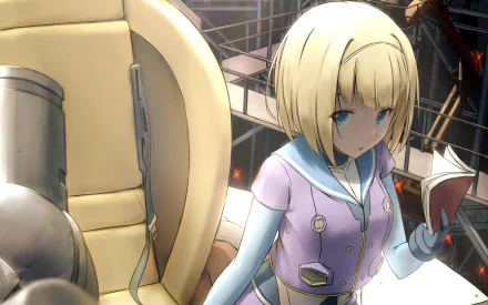 HD desktop wallpaper featuring Milinda Brantini from the anime Heavy Object, showing her reading a book with a large mechanical object in the background.