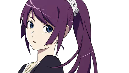A vibrant 4K Ultra HD wallpaper featuring Hitagi Senjōgahara from the anime Bakemonogatari, showcasing her striking purple hair and expressive blue eyes against a sleek background.