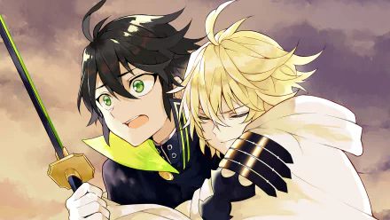 Anime characters Mikaela Hyakuya and Yūichirō Hyakuya from Seraph of the End in a dynamic pose. Yūichirō holds a sword, and Mikaela embraces him against a dramatic sky backdrop.