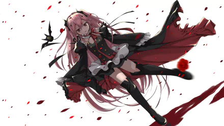 HD desktop wallpaper featuring Krul Tepes from Seraph of the End. She has pink twintails, red eyes, and wears a black dress with thigh-high boots, a bow, and vampire-themed attire. Scattered rose petals surround her.