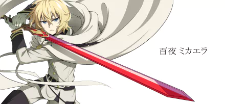 Mikaela Hyakuya from Seraph of the End wields a sword, showcasing striking blue eyes and blonde hair, set against a dynamic background in this HD anime wallpaper.