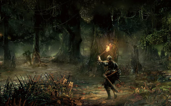 A character from Dark Souls III explores a dark, overgrown forest, holding a torch that illuminates the eerie surroundings in this 4K Ultra HD PC wallpaper.