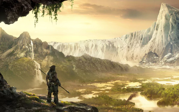 A stunning 4K Ultra HD wallpaper from Far Cry Primal, depicting a lone figure with a spear, gazing over a vast, pristine landscape filled with mountains and waterways.