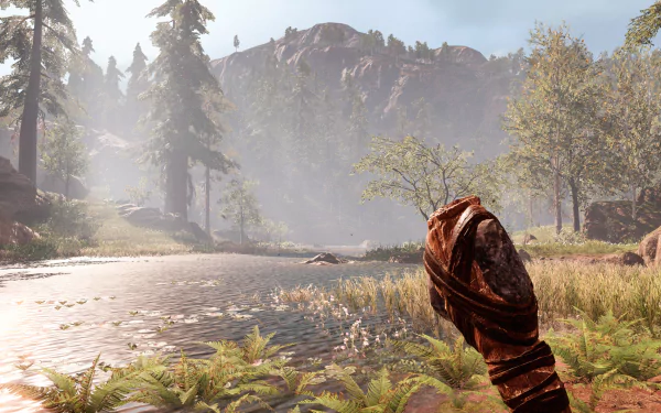 Far Cry Primal video game 2K Quad HD PC desktop wallpaper background: misty prehistoric river valley with conifers, rocky cliffs and a wrapped wooden club in the foreground.