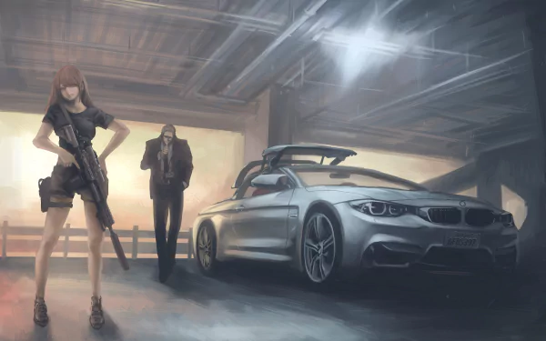 A dynamic anime scene featuring a woman with a rifle and a man beside a sleek silver car, set in a moody, industrial environment. This HD wallpaper captures action and style.