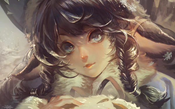 A stunning 4K Ultra HD wallpaper featuring Lulu from League of Legends, showcasing her enchanting eyes and whimsical hairstyle in a magical, snowy setting.