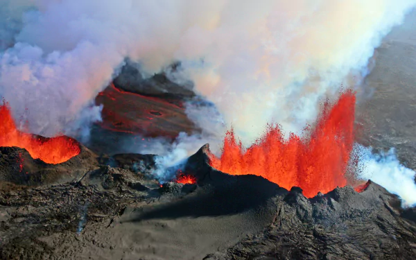 A 4K Ultra HD image of Bárðarbunga volcano in Iceland erupting, with vibrant red lava flowing and thick smoke rising into the sky, showcasing raw volcanic nature.