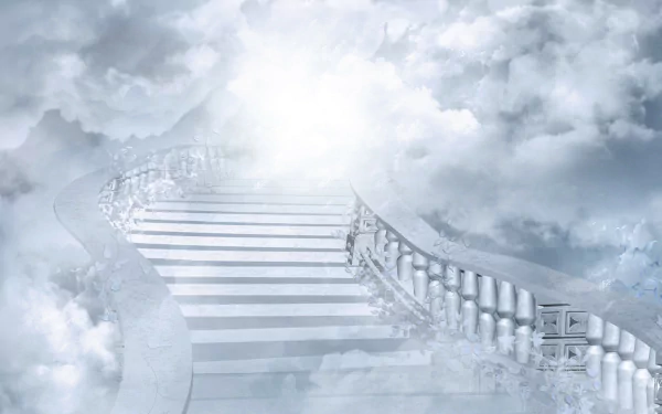 A serene pathway ascends through soft clouds, leading to a bright, luminous center, capturing a heavenly atmosphere in this HD desktop wallpaper.
