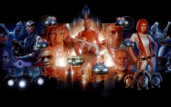 A vibrant collage featuring characters from The Fifth Element, including Ruby Rhod played by Chris Tucker, Korben Dallas portrayed by Bruce Willis, and Leeloo, played by Milla Jovovich.