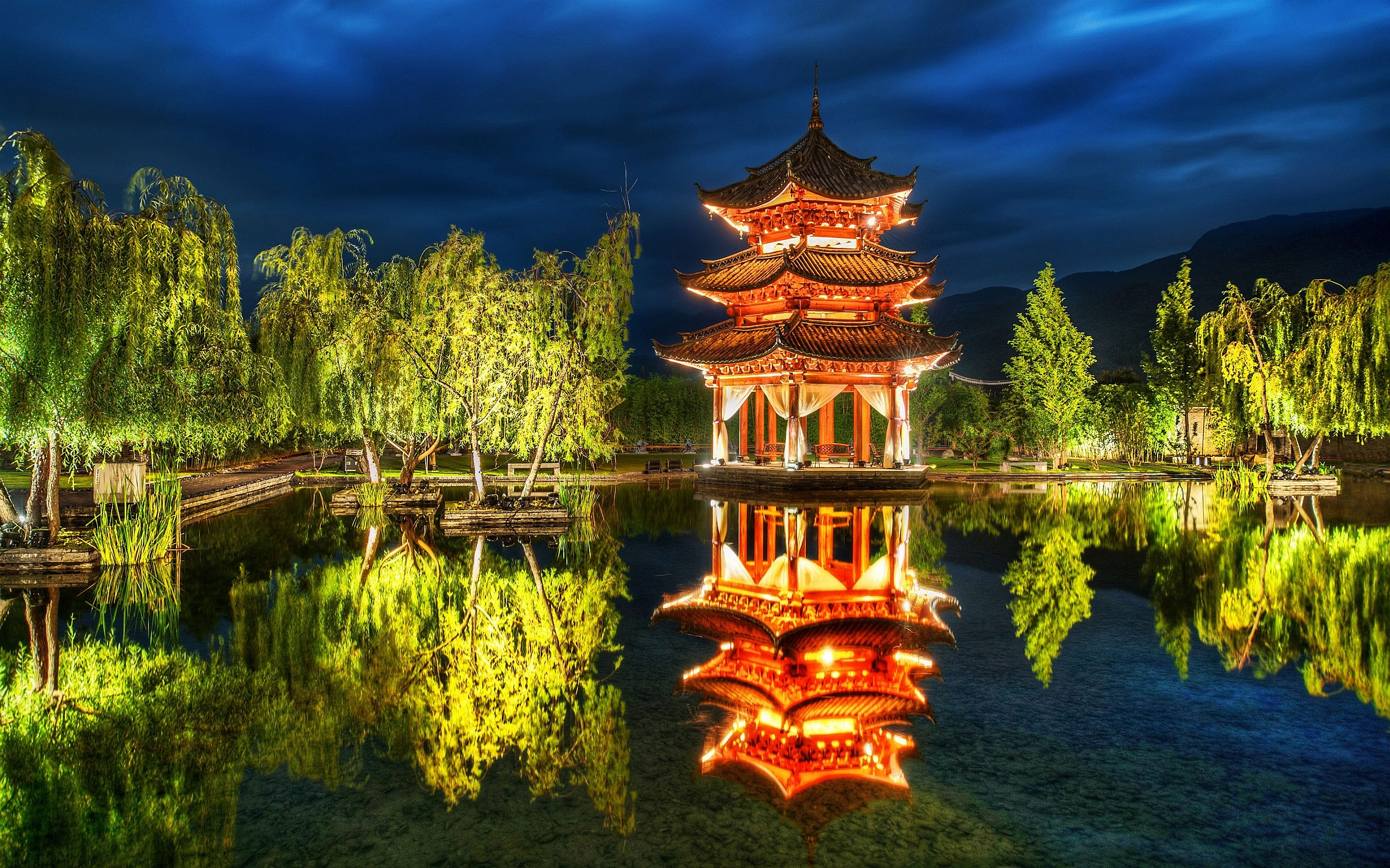 Download Light Evening Pond Garden Reflection Asian Man Made Pavilion