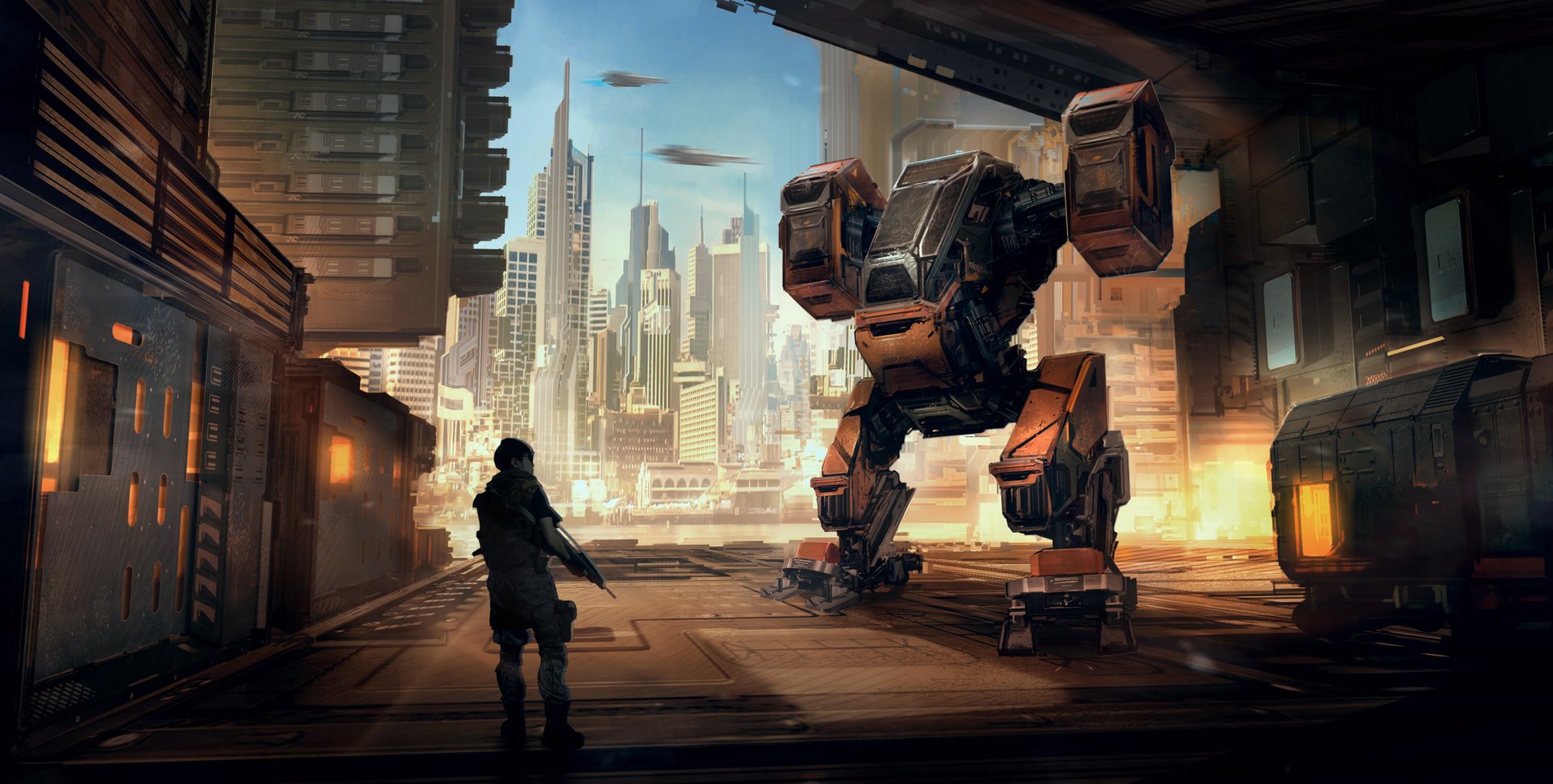 A soldier stands in a futuristic sci-fi cityscape facing a large combat robot, captured in high-definition detail for a PC desktop wallpaper background.