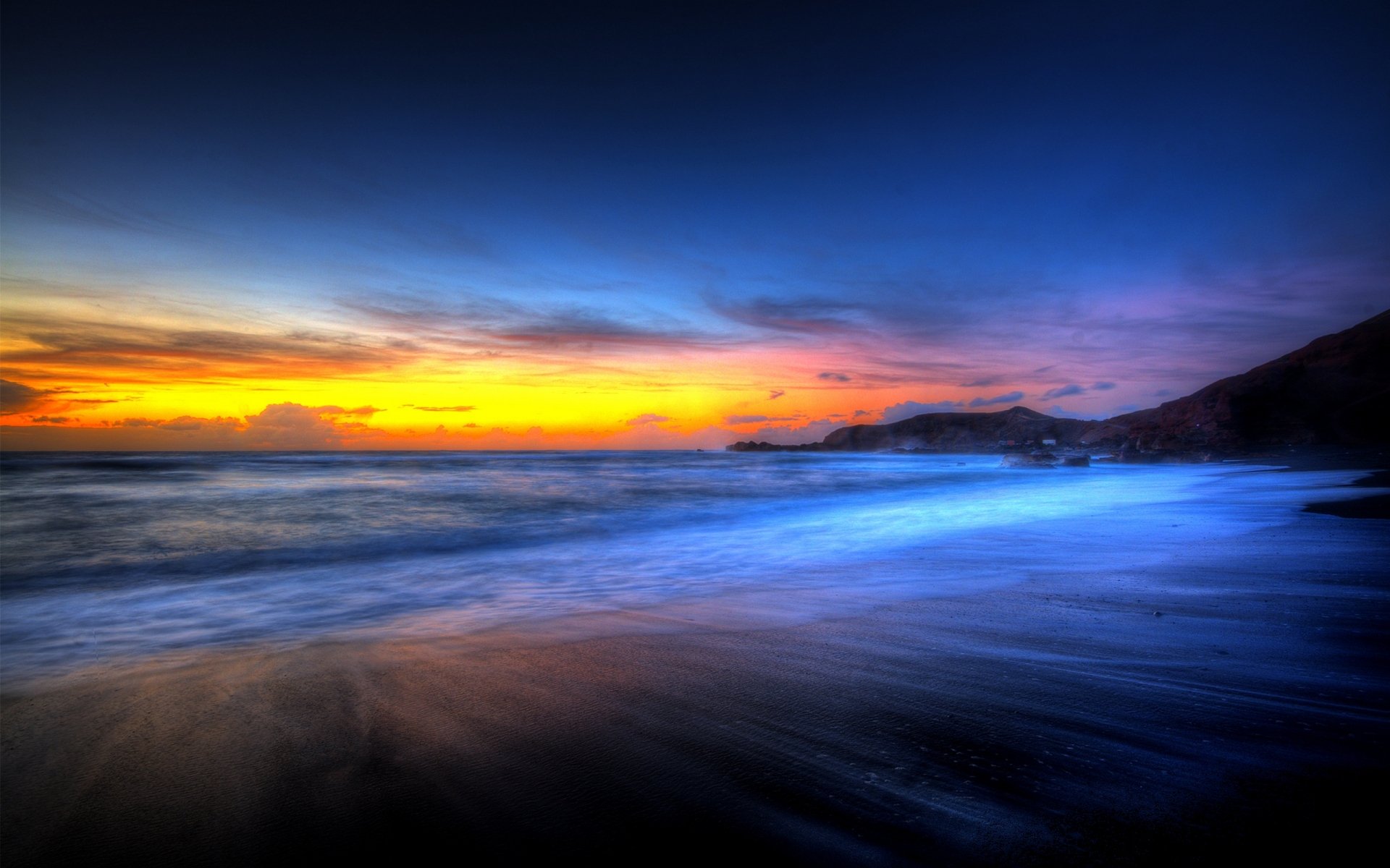 Download Horizon Sky Yellow Orange (Color) Blue Ocean Beach Nature Sunset HD Wallpaper