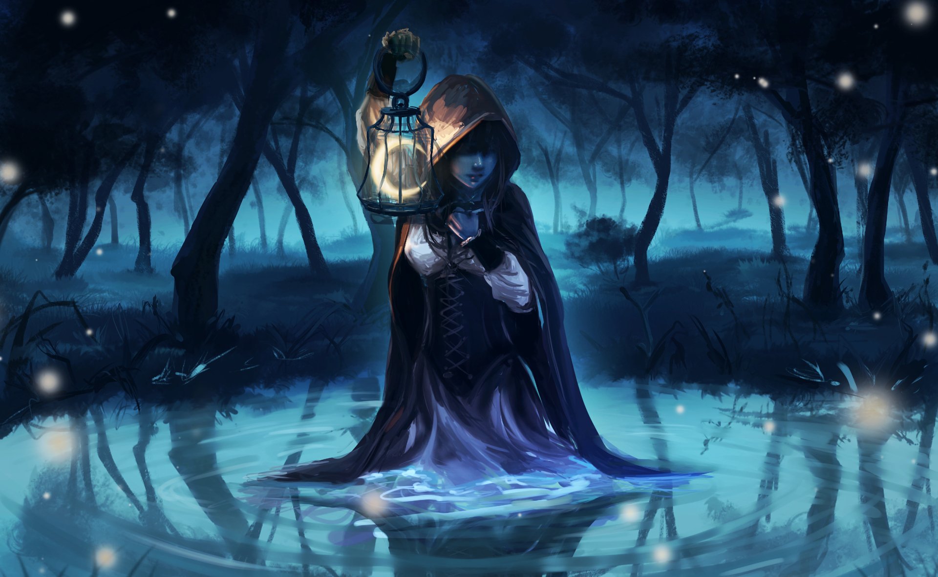 Anime original: hooded figure in a dark cloak holds a glowing lantern above a moonlit forest pond, reflected in rippling water — 2K Quad HD PC desktop wallpaper and background.