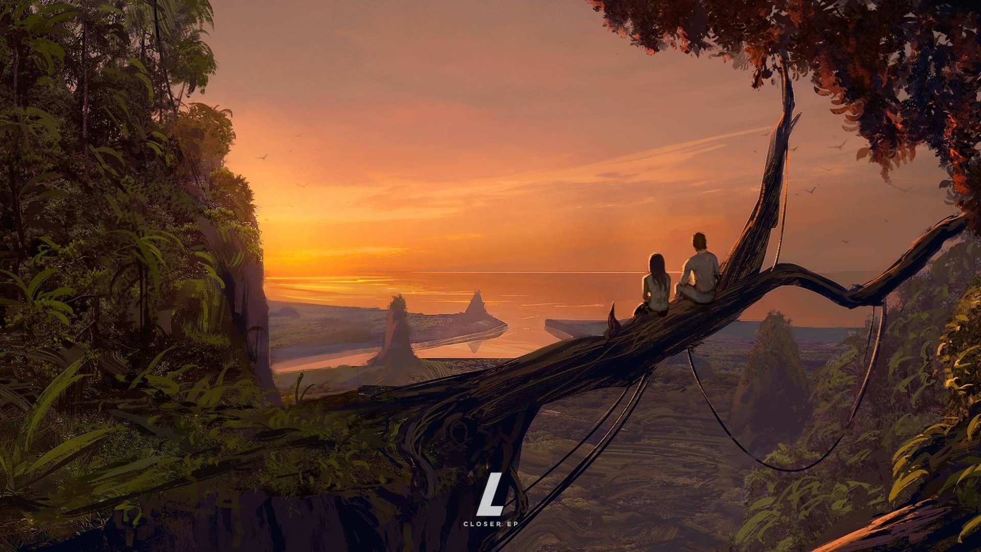 A romantic couple sits on a tree branch, overlooking a serene landscape at sunset. The artistic depiction captures the essence of love and fantasy in nature.
