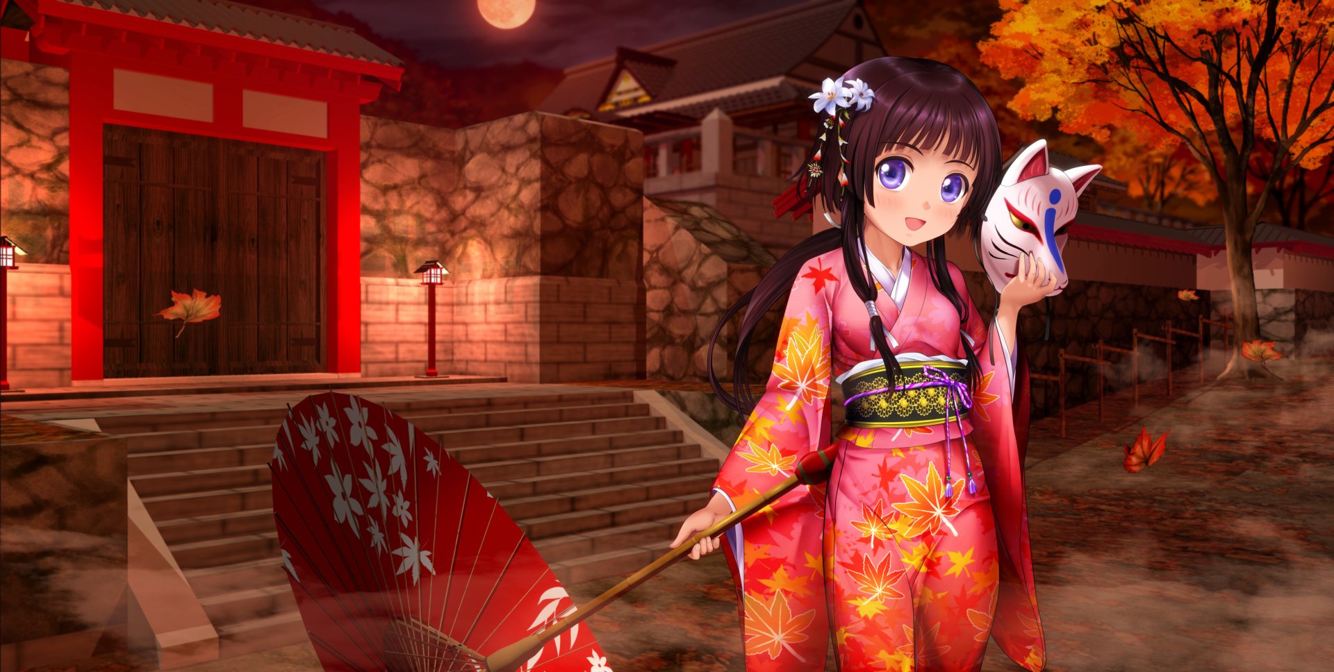 A young anime girl in a vibrant kimono holds a mask and an umbrella, surrounded by autumn leaves and a charming festival backdrop under a glowing moon. 4K Ultra HD wallpaper.