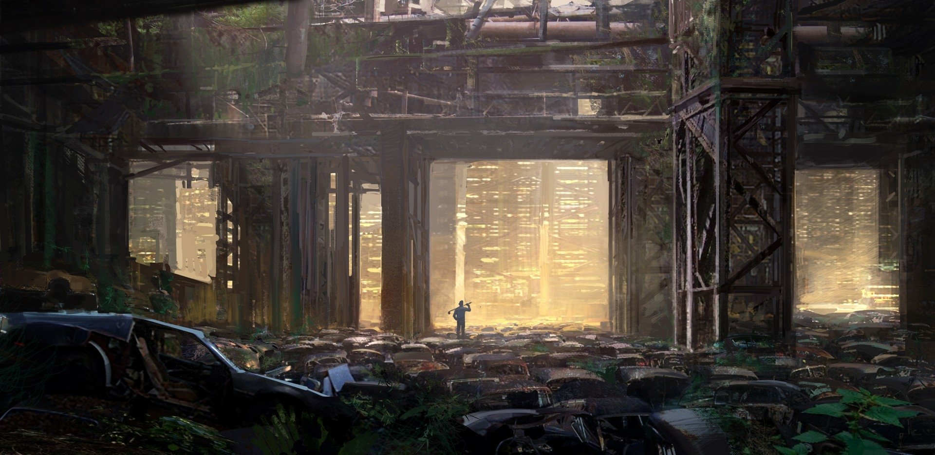 HD PC desktop wallpaper depicting a post-apocalyptic sci-fi cityscape with overgrown ruins and a lone figure standing amid abandoned vehicles under a towering, decayed structure.